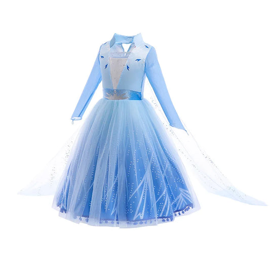 Girls Elsa Snow Queen Costume – Blue Long Sleeve Snowflake Dress for Birthday Parties & Spring/Autumn Dress-Up