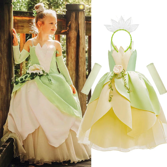 Tiana Princess Dress for Girls – Luxury Fairy Tale Frog Prince Costume Gown for Birthday, Halloween & Parties (3–10Y)