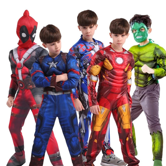 Kids Superhero Muscle Bodysuit – Spider-Man, Iron Man, Captain America, Thor, Hulk, Batman Cosplay Jumpsuit for Halloween and Parties