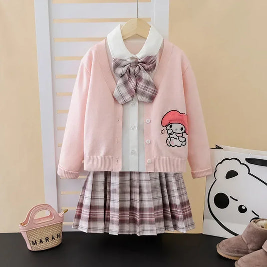Sanrio Kuromi and My Melody Costume Set – Kids Cosplay JK College Style Cardigan and Pleated Skirt 3-Piece Outfit