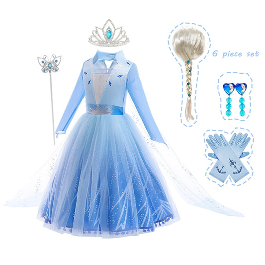 Girls Elsa Snow Queen Costume – Blue Long Sleeve Snowflake Dress for Birthday Parties & Spring/Autumn Dress-Up