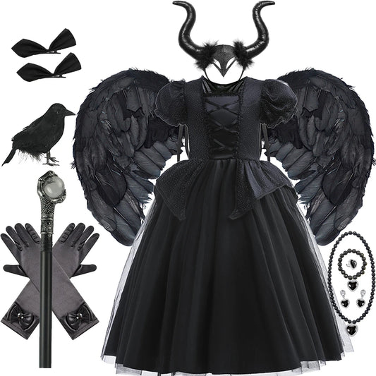 Kids Black Witch Costume – Maleficent-Inspired Halloween Dress with Lace & Sequins | Ghost Bride & Evil Roleplay Outfit