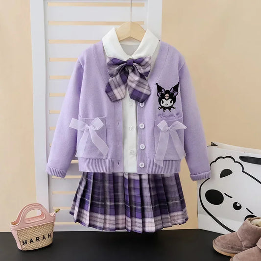 Sanrio Kuromi and My Melody Costume Set – Kids Cosplay JK College Style Cardigan and Pleated Skirt 3-Piece Outfit