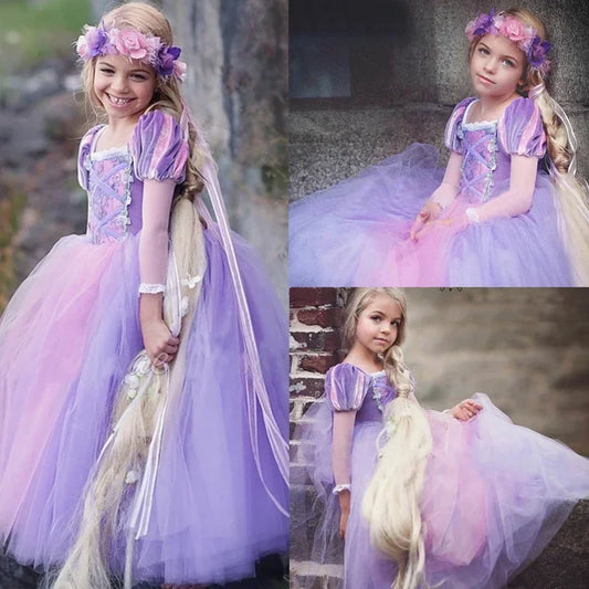 Girls Rapunzel Princess Dress – Long Sleeve Purple Cosplay Costume for Halloween, Birthday & Party Gift