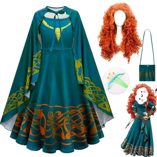 Girls Merida Princess Costume – Brave Cosplay Dress with Wig for Halloween, Birthday & Christmas Parties