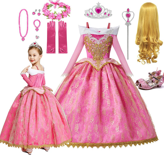 Luxury Girls PrLuxury Aurora Princess Costume Dress for Girls – Rose Pink Ball Gown with Accessories for Birthday, Halloween & Carnival Partiesincess Costume Ball Gown Dress Fancy Birthday Carnival Party Off Shoulder Golden Applique Children Outfits Dress