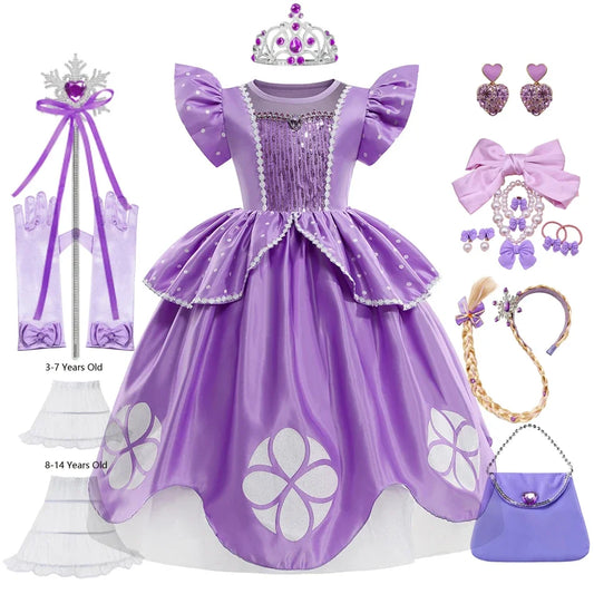 Girls Sofia Princess Dress – Puff Sleeve Ball Gown for Kids Birthday, Halloween & Party Cosplay