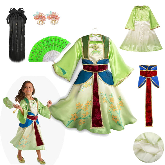 Girls Mulan Princess Cosplay Costume – Long-Sleeve Hanfu Dress with Belt for Halloween, Birthday & Party